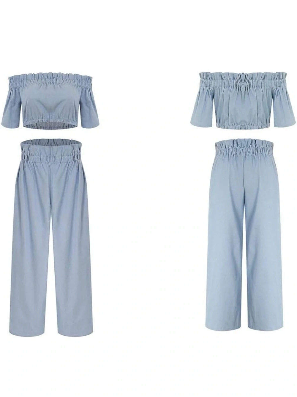 Two Pieve Set Elastic-Waist Wide Leg Pants - Light Blue